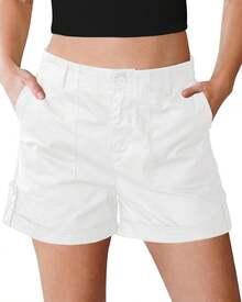 Shorts Women High Waisted Dressy Casual Summer Elastic Waist Comfy Rolled Hem Stretch Twill Pocket ShortsA Valentine's Day GQEL - Cream White - View 7