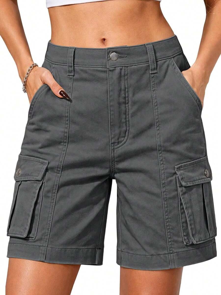 ELLEVEN Bermuda Cargo Shorts Women, Elastic High Waist 6 Pockets Shorts Inch Inseam Summer Jorts Women CasualA Valentine's Day 4RIF - 灰色 - 查看 1