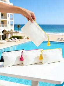 1/5/10/20pcs Elegant Portable Beige Canvas Jewelry Organizer Pouch With Colorful Tassel Decor (2 Styles, 10 Colors Available), Boho Style Tassel Makeup Bag, Reusable Canvas Zipper Pouch For Daily Use, Shopping, Travel, Gym - Beige - View 5