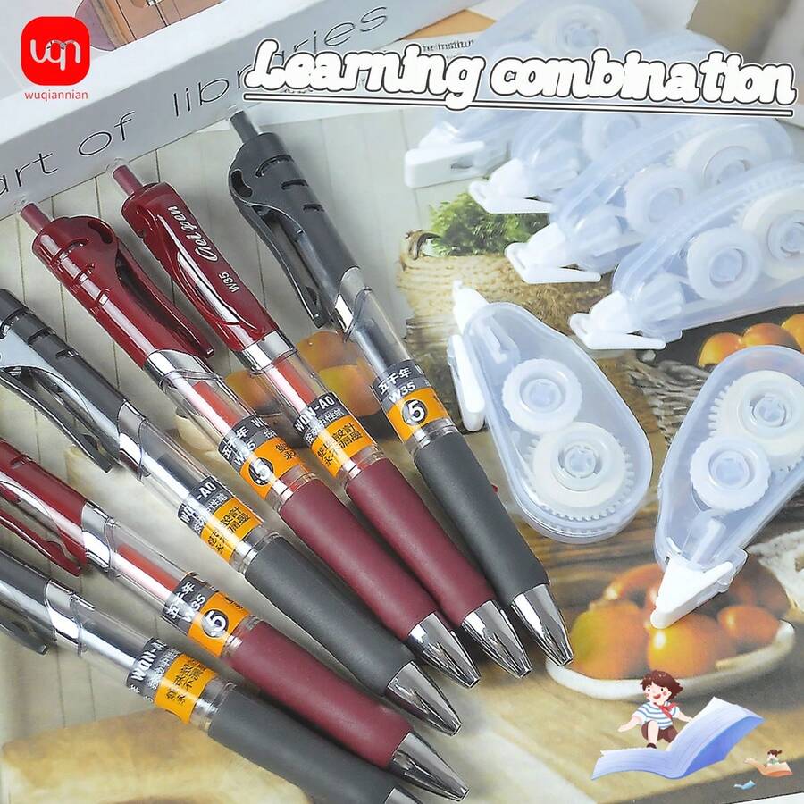 WQN 12支装高品质按动式圆珠笔（0.5毫米），6卷迷你白色修正带书写修正套装，适合开学季的文具套装 - 彩色 - 查看 1