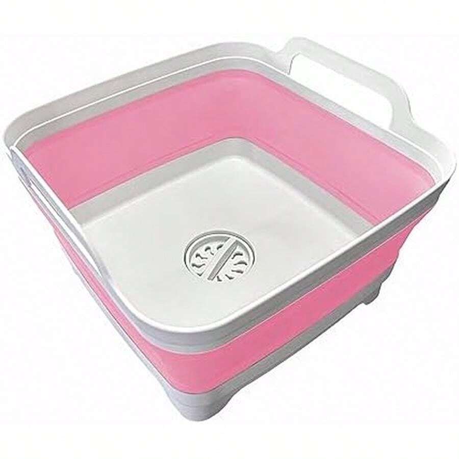 9L (2.4Gal) Dish Basin Collapsible With Drain Plug , Space Saveing Kitchen Storage Tray Dish Wash Basin, Portable Dish Tub, Foldable Dishpan For Camping ,RV,Green - Light Pink - 查看 1
