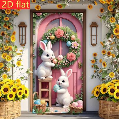 1 pieza Decoración de marco de puerta horizontal plana en 2D, Pancarta de fiesta, Material de poliéster, Pancarta de marco de puerta, Encantadora decoración de puerta de Pascua - Puerta de madera rosa con dos conejos blancos y un patrón suave de huevos, Sin necesidad de energía