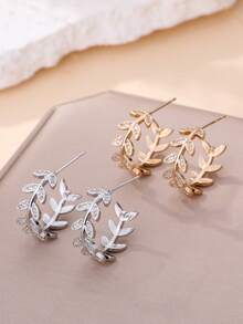1 Pair Fashionable Leaf Cubic Zirconia Women Earrings, Gold/Silver Plated, Dual Color Options, Everyday Wear, Ideal Valentine's Gift, Ramadan Distribution