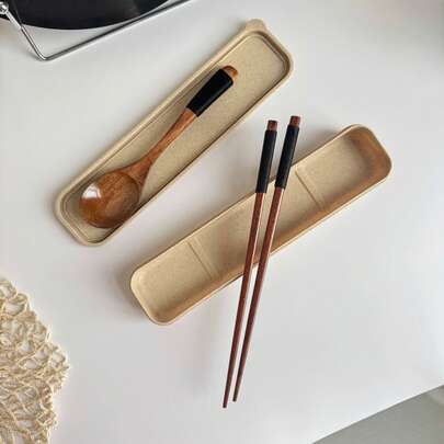 Bộ thìa và đũa gỗ di động, kiểu Nhật Bản, quà tặng du lịch ngoài trời kèm hộp đựng.