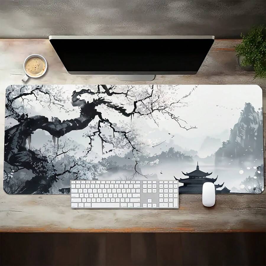 1 Peça Grande Mousepad para Teclado Gamer, Tapete de Teclado para Laptop, Tapete de Mesa - Grande Tapete de Mesa com Paisagem de Tinta Chinesa - Com Bordas Costuradas com Precisão e Base de Borracha Antiderrapante, Disponível em Vários Tamanhos: 15,7*35,4 Polegadas (40*90 Cm). - Fácil de Limpar e Lavar, Ideal para Casa, Escritório, Local de Trabalho, Sala de Jogos e Dormitórios; - A - Visão 1