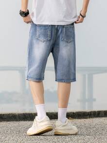 Teenage Boys' Casual Campus Fashion Straight Leg Denim Shorts, Versatile Streetwear - Light Wash - View 9