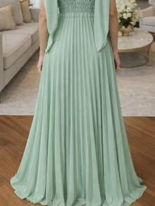 Elegant Long Party Dress For Women, A-Line Style, With A V-Neck, Pleated Details And Puff Sleeves. - 薄荷綠 - 查看 4