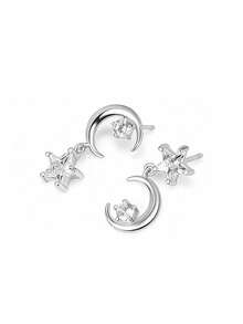 S925 Silver Asymmetric Tassel Star Moon Earrings, Luxury Niche Design, Couples, Valentine's Day Gift, Versatile For Daily And Party Wear - Silver - View 8