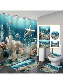 1/3/4 Pcs Starfish Bathroom Curtain Set, Creative Decorative Bathroom Set Including Waterproof Shower Curtain, Non-Slip Mat, Toilet Lid Cover, Bath Mat And 12 Plastic Hooks, Bathroom Decor, Shower Curtain Set, Home Decor, Bathroom Accessories (Please Select The Appropriate Size According To The Size Chart To Avoid Being Too Large Or Too Small) - Multicolor - View 2