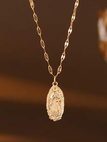 1件时尚椭圆形亮面圣母玛利亚铜镀金女士吊坠项链，适合日常佩戴、送礼和个人祈祷，情人节、妈妈、母亲节礼物。 - 瑪莉 - 查看 2