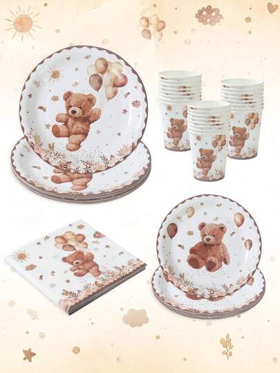 8/16 piezas Juego de vajilla con diseño de oso marrón, Juego de vajilla desechable para baby shower, incluye platos de papel, vasos y servilletas, Suministros para fiesta de 1er cumpleaños, Decoraciones de boda, Regalos para despedida de soltera, Decoraciones para baby shower, Decoración para fiesta de revelación de género, Suministros para picnic, Artículos del hogar, Artículos esenciales de cocina, Suministros para fiestas festivas