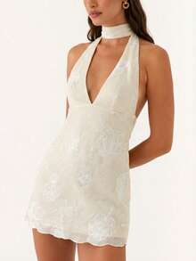 UNITHORSE Sexy Spaghetti Strap V-Neck Sleeveless Spaghetti Strap Chiffon Mini Dress - Apricot - View 2