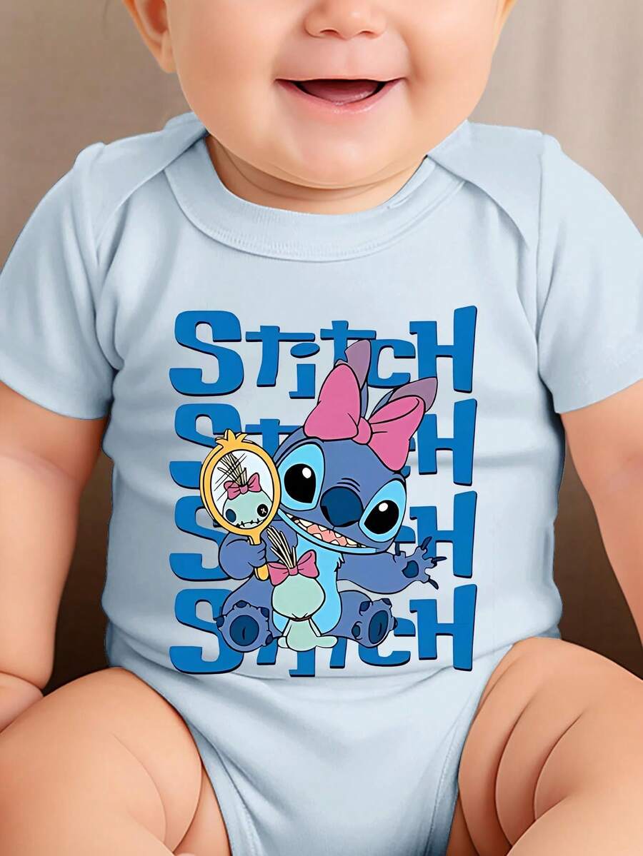 Disney Baby Clothing, Newborn  - Unisex - Disney Stitch Alphabet Creative Cartoon Print - Crawling And Toddling Stage Set - Summer Outdoor Casual Crewneck Crawling Coverall With Triangle Hem Design - Summer Essential Item - Fun-Filled - Adorably Cute - Perfect Holiday Gift For Infants And Toddlers - Màu xanh nhạt - Xem 1