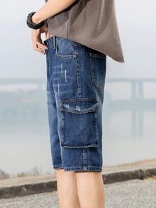 Teenage Boys' Casual Campus Fashion Straight Leg Denim Shorts, Versatile Streetwear - Medium Wash - View 9