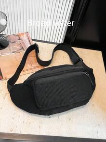 时尚多功能纯色灯芯绒腰包，多口袋斜挎包，男女运动休闲腰包/胸包/手机袋 - 黑色 - 查看 10
