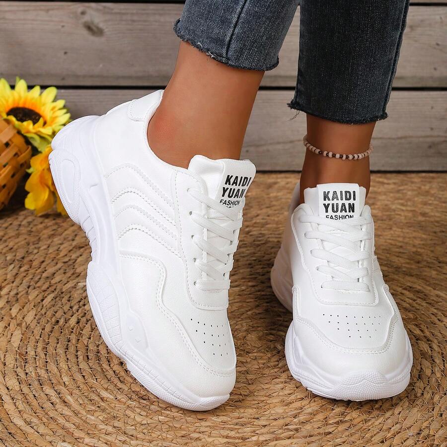 2026新款春夏女式厚底休闲运动鞋，透气运动鞋，时尚系带白色鞋 - 白色 - 查看 1
