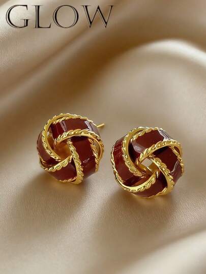 1 Pair Retro French Style Simple Geometric Round Woven Ball Knot Stud Earrings, Suitable For Teenage Girls, Valentine's Day And Daily Wear