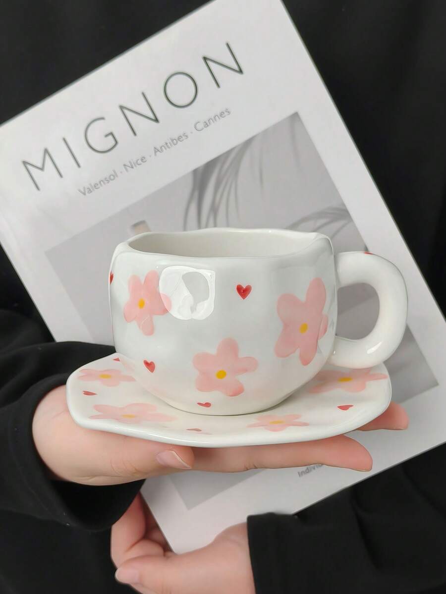 一套花卉图案陶瓷咖啡杯碟，欧式简约风格陶瓷杯碟，咖啡杯碟，手绘简约杯碟，家用早餐牛奶杯，咖啡杯，果汁杯，水杯，下午茶杯，礼品杯 - 彩色 - 查看 1
