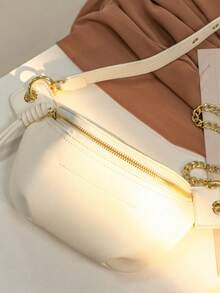 Women's Fashion Chain Chest Bag, PU Material, Zipper Closure, Portable Phone Pouch, Waist Bag, Solid Color Minimalist Style, Crossbody Bag, Suitable For Shopping, Dating, Outings, Compact Size - White - View 2