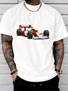 Classic Street Casual Men's Fashion Pattern T-Shirt | Formula Racing Shell  Sponsor Logo12 12th Driver's Helmet Print, Round Neck, Short Sleeves, Breathable Lightweight Fabric, Suitable For All Seasons. - White - View 1