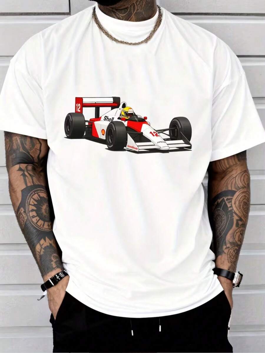 Classic Street Casual Men's Fashion Pattern T-Shirt | Formula Racing Shell  Sponsor Logo12 12th Driver's Helmet Print, Round Neck, Short Sleeves, Breathable Lightweight Fabric, Suitable For All Seasons. - White - View 1