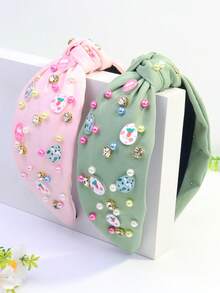 1件装女士复活节胡萝卜兔子水钻彩色珍珠休闲可爱涤纶打结发箍，春季 - 多 - 查看 5