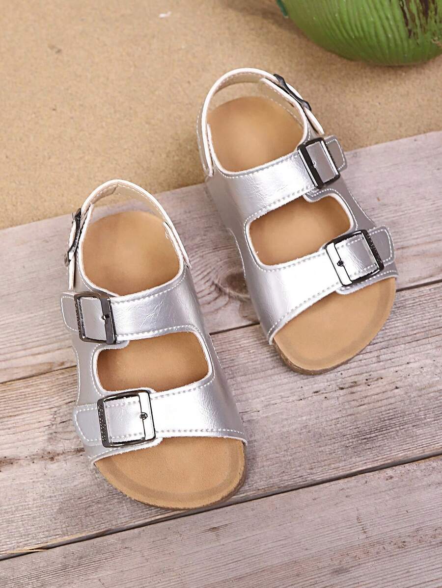 1 Pair Kids' Double Buckle Non-Slip Soft Bottom Simple Fashion Flat Sandals, Suitable For Summer - Silver - View 1
