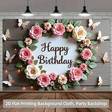 1 pièce Bannière plate 2D Joyeux anniversaire Toile de fond florale ronde, Accessoire de photographie polyvalent en polyester, Convient pour le salon, le bureau, la décoration de la maison/extérieure/de fête, cadeau de vacances - 1 pièce - Voir 2