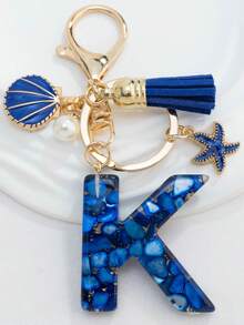1PC Boho Nautical 26-Letter Resin Keychain - Blue & Golden Initial Pendant With Starfish/Shell/Tassel Charms, Fashionable Key Ring & Couple Bag/Backpack/Beach Bag Charm, Ideal Holiday Gift For Valentine's Day/Birthdays/Parties - Royal Blue - View 26