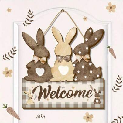 1pc Wooden Colorful Easter Bunny Sign, Welcome, Wooden Bow Tie Bunny Door/Wall Decor, Suitable For Front Door, Farmhouse Wall, Indoor/Outdoor Easter Spring Decoration, Home Easter Decoration