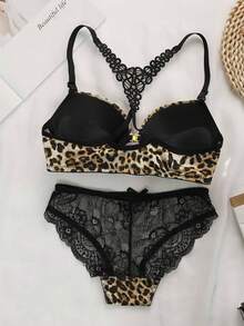1套女士豹纹蕾丝无钢圈前扣文胸 - 彩色 - 查看 2