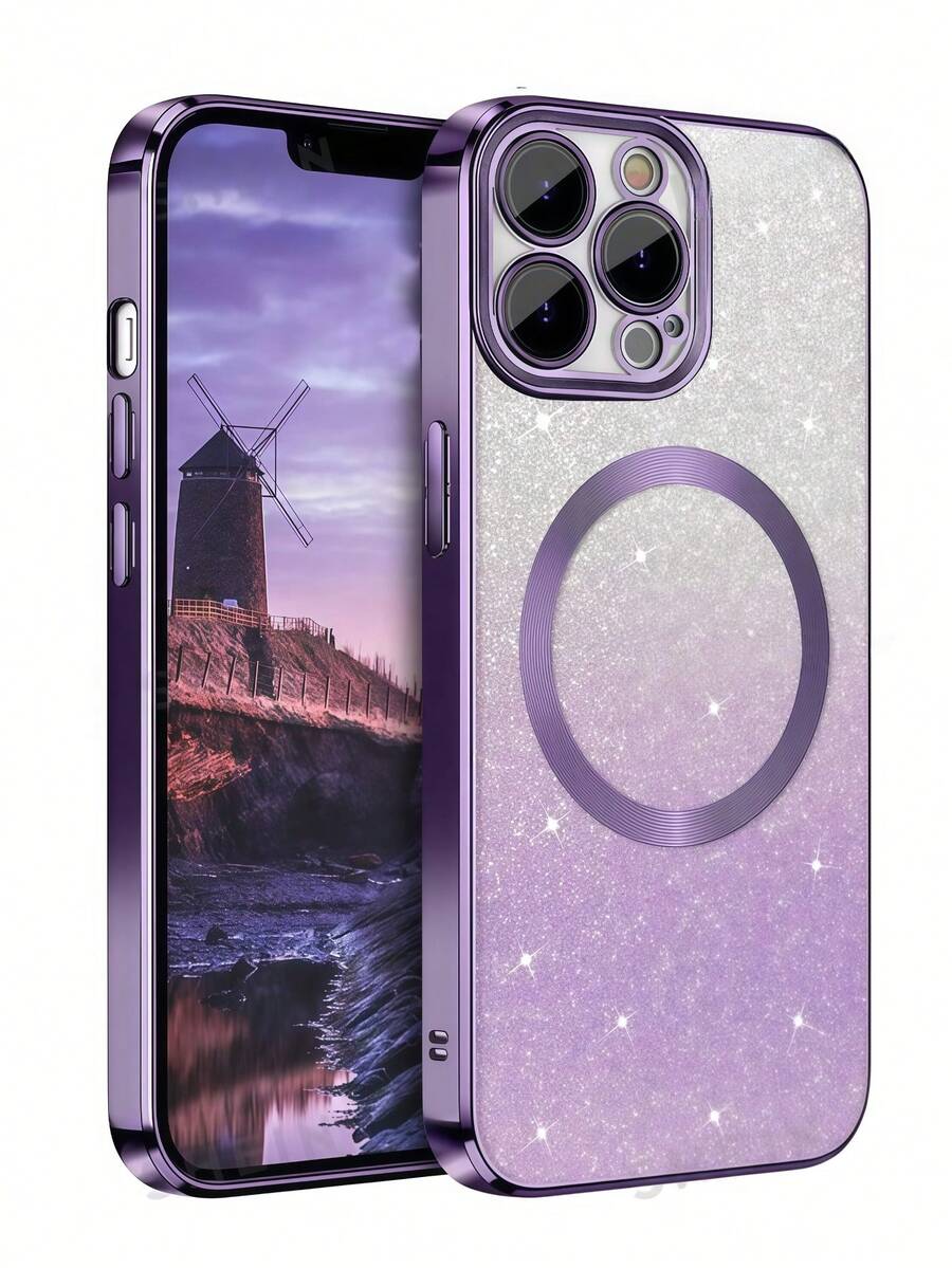 1pc Purple Electroplated Magnetic Gradient Rhinestone Paper Brushed Space Case With Built-In Lens Protector Film, 2-In-1 Ultra-Thin Phone Case Compatible With Apple 17 Pro/17 Pro Max/17 Air/17/16 Pro/16 Pro Max/16 Plus/16/15 Pro/15 Pro Max/15 Plus/15/14 Pro/14 Pro Max/14 Plus/14/13 Pro/13 Pro Max/13/12 Pro/12 Pro Max/12/11 Pro Max/11 - Purple - View 1