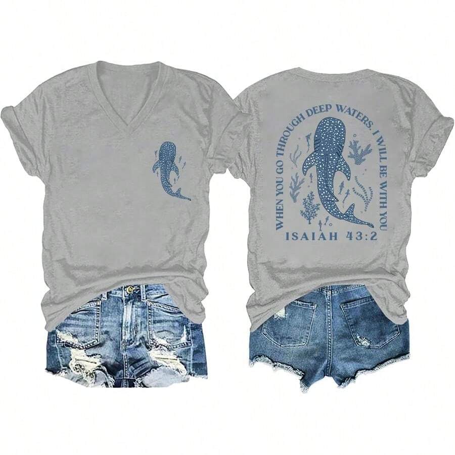 Cute Shark Shirt Whale Shark Christian Summer Shirt Ocean Fish Animal Lover Marine Life Women's Top - 灰色-1 - 查看 1