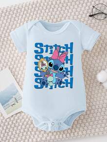 Disney Baby Clothing, Newborn  - Unisex - Disney Stitch Alphabet Creative Cartoon Print - Crawling And Toddling Stage Set - Summer Outdoor Casual Crewneck Crawling Coverall With Triangle Hem Design - Summer Essential Item - Fun-Filled - Adorably Cute - Perfect Holiday Gift For Infants And Toddlers - Màu xanh nhạt - Xem 2