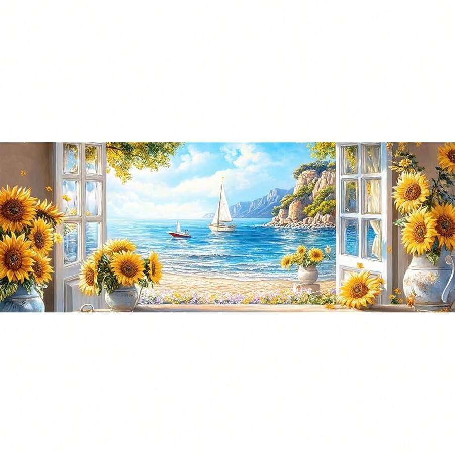 Large Diamond Art Kits For Adults Window, Full Drill 5D DIY Rhinestone Embroidery Set Paint With Diamonds Art Sunflowers By NFUmberss Kits Cross Stitch Home Wall Craft Decoration 31.5x11.81 Inch - Hoa hướng dương cửa sổ lớn - Xem 1