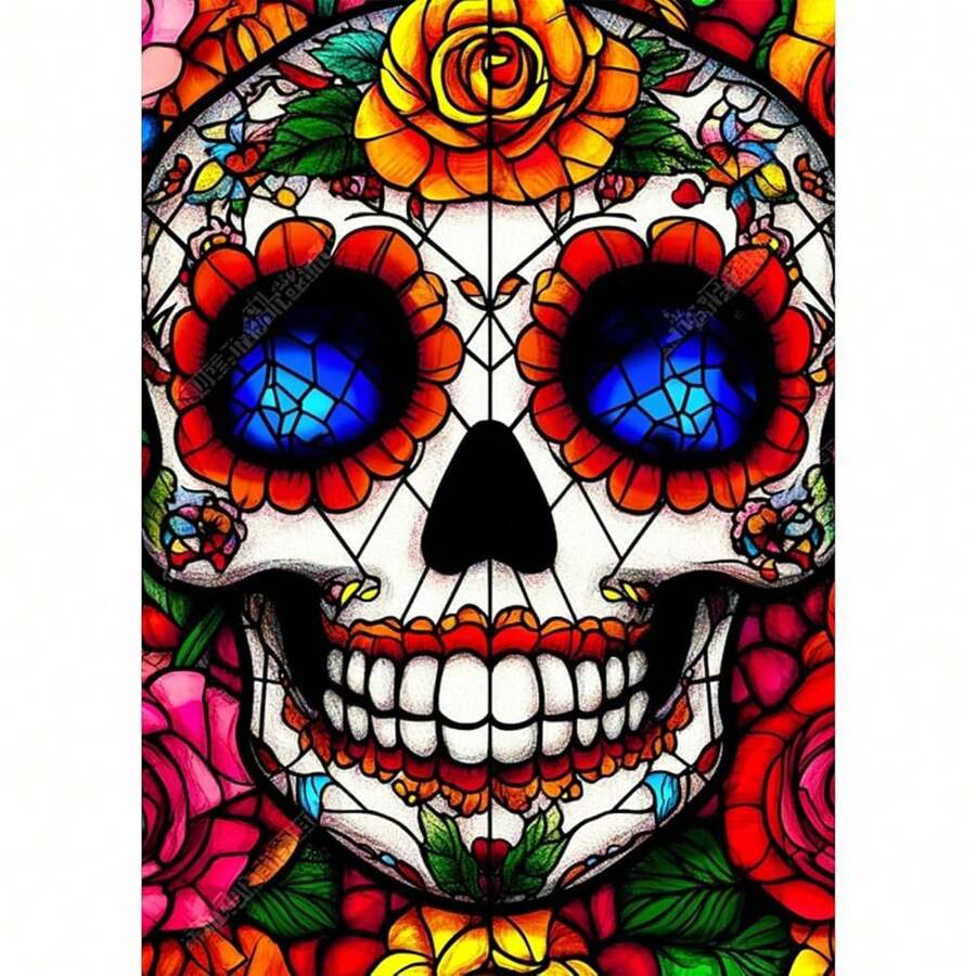GHHKUD Diamond Painting Kits Stained Glass Skull For Adults, DIY 5D Skull And Rose Diamond Painting, Full Drill Diamond Art Kits Art Pictures For Relaxation Gifts Home Wall Decor 30x40cm - 顱骨 - 查看 1
