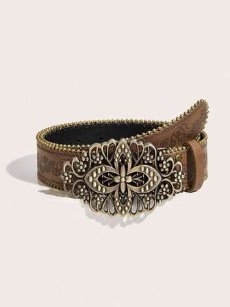 1pc Western Cowboy Retro Clover Shaped Metal Floral PU Leather Belt For Women, Suitable For Jeans, Skirts, Parties, Valentine's Day, Back To School, Vacation, Daily Wear