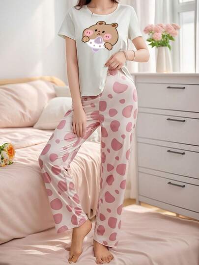 2pcs Cute Cartoon Print Pajama Set, Comfortable Casual Round Neck Short Sleeve Pants Women Sleepwear