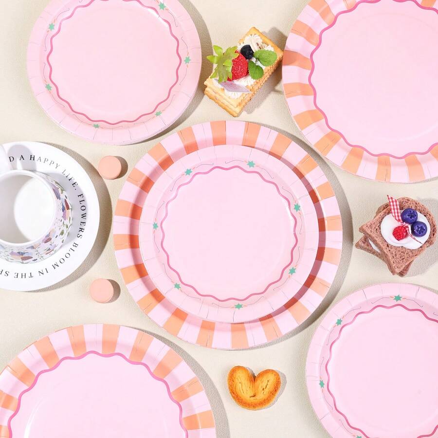 10pcs/20pcs/40pcs/50pcs,Summer Pink Striped West Coast 9-Inch And 7-Inch Paper Plates | Bachelor Party Decorations, Say Goodbye Bachelor Party, Birthday Party Supplies, Newborn Party, Striped Cake Plates,Pastel Pink & Peach Disposable Paper Plates Set - Scalloped Edge With Striped & Star Accents For Girls Birthday, Baby Shower, Tea Party & Brunch Tableware - 彩色 - 查看 1