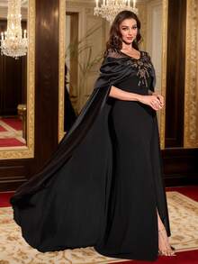 SUPGIR 女士优雅V领缎面亚麻混纺高级工艺串珠亮片装饰飘逸长袖高开衩长款晚礼服 - 黑色 - 查看 1