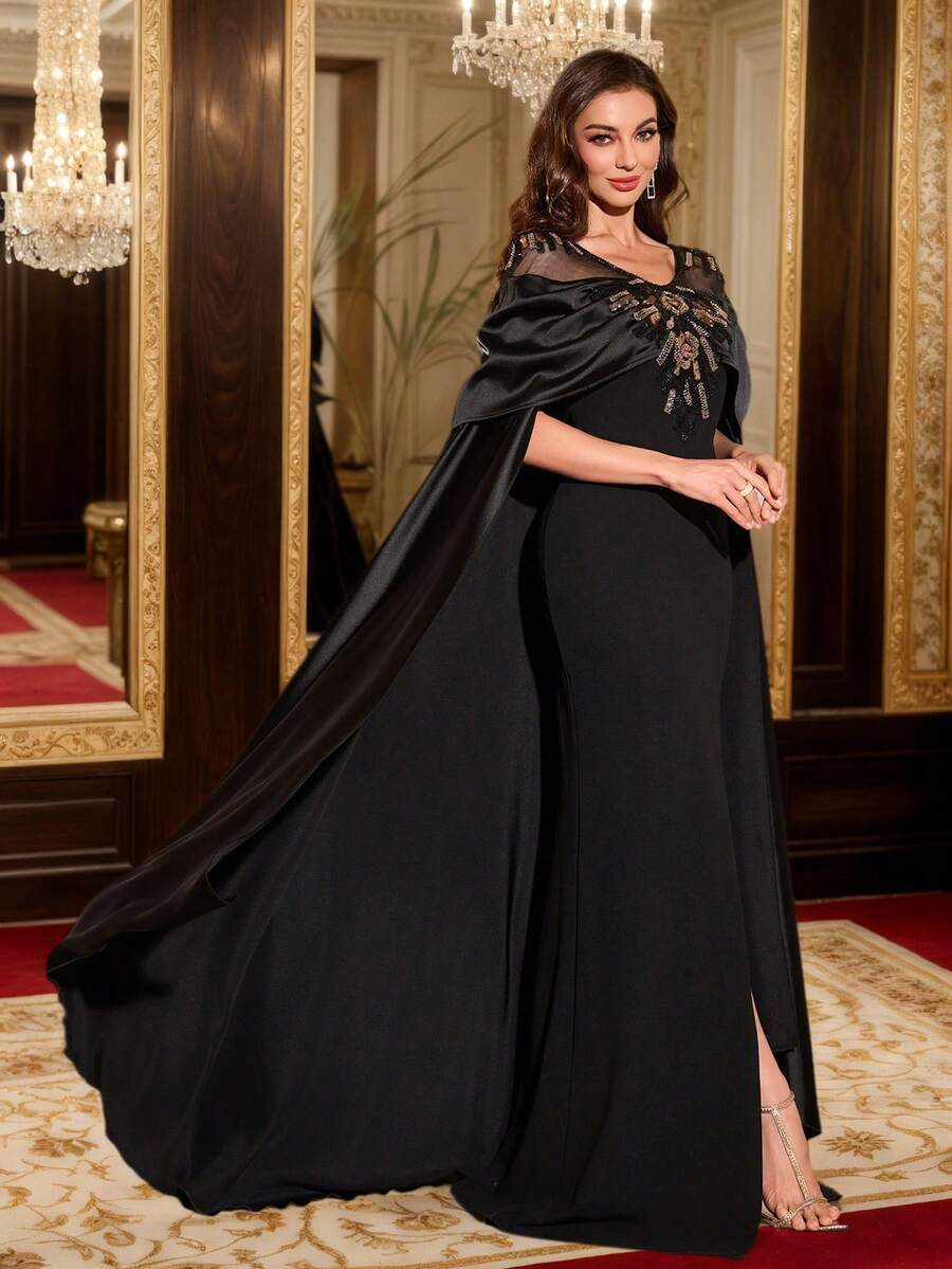 SUPGIR 女士优雅V领缎面亚麻混纺高级工艺串珠亮片装饰飘逸长袖高开衩长款晚礼服 - 黑色 - 查看 1