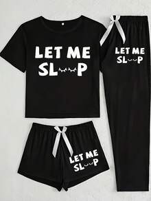 LET ME SLEEP Letter Print Sleepwear Women's Lightweight Breathable Three-Piece Set: Short Sleeve T-Shirt + Shorts + Pants Home Casual Sleepwear Set - 黑色 - 查看 3
