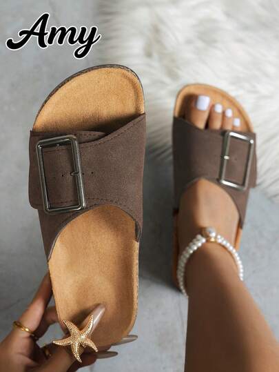 女士休闲时尚百搭平底凉鞋，带足弓支撑和可调节搭扣，耐磨防滑，圆头单带凉鞋