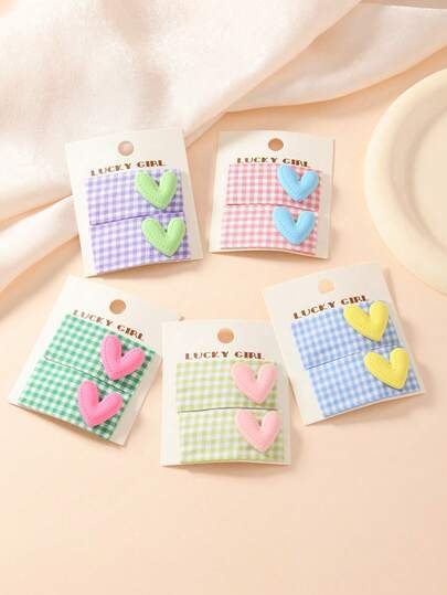 2pcs/Set Girls' Colorful Plaid Heart Decor Hair Clips, Sweet Fabric Hair Barrettes, Versatile Cute BB Hair Accessories