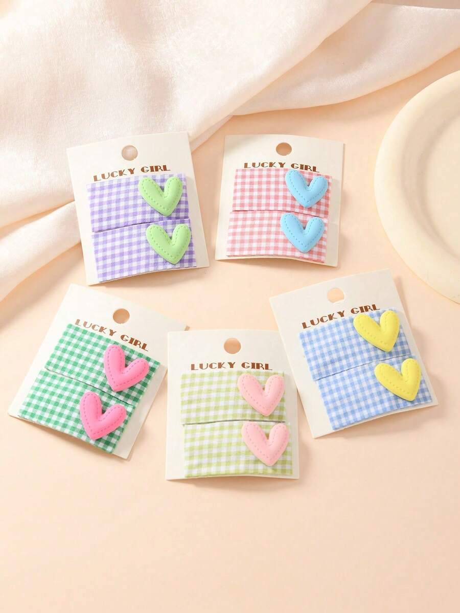 2pcs/Set Girls' Colorful Plaid Heart Decor Hair Clips, Sweet Fabric Hair Barrettes, Versatile Cute BB Hair Accessories - 2 Pieces Per Set - View 1