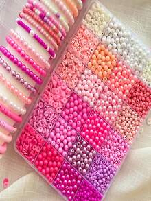 粉色粘土珍珠串珠手链DIY套装，包含米珠和亚克力珠，手工珠宝材料，适合情人节和友谊手链 - 情人粉紅色 - 查看 4