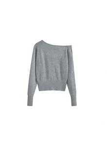 女士柔软不对称单肩针织毛衣，百搭修身款上衣，秋冬款 - 灰色 - 查看 5