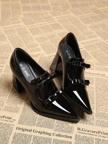 2026 Autumn New Women's Shoes Pointed Toe High Heels Casual Retro Chunky Heel Block Heel Patent Leather Pumps With Bow, Elegant Elegant Suitable For Commuting, Party And Other Occasions, Comfortable And Slimming - Black - View 4