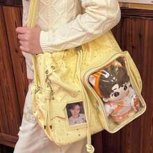 1pc Cute Sweet Campus Style Large Capacity Canvas Drawstring Backpack With Transparent Badge, Bowknot Design, Suitable For Daily, Commute, Party, Shoulder & Crossbody Bag - Multicolor - View 5