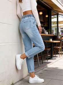 Women's Casual Contrast Color Drawstring Waist Slim Fit Versatile Jeans Spring - Light Wash - View 2